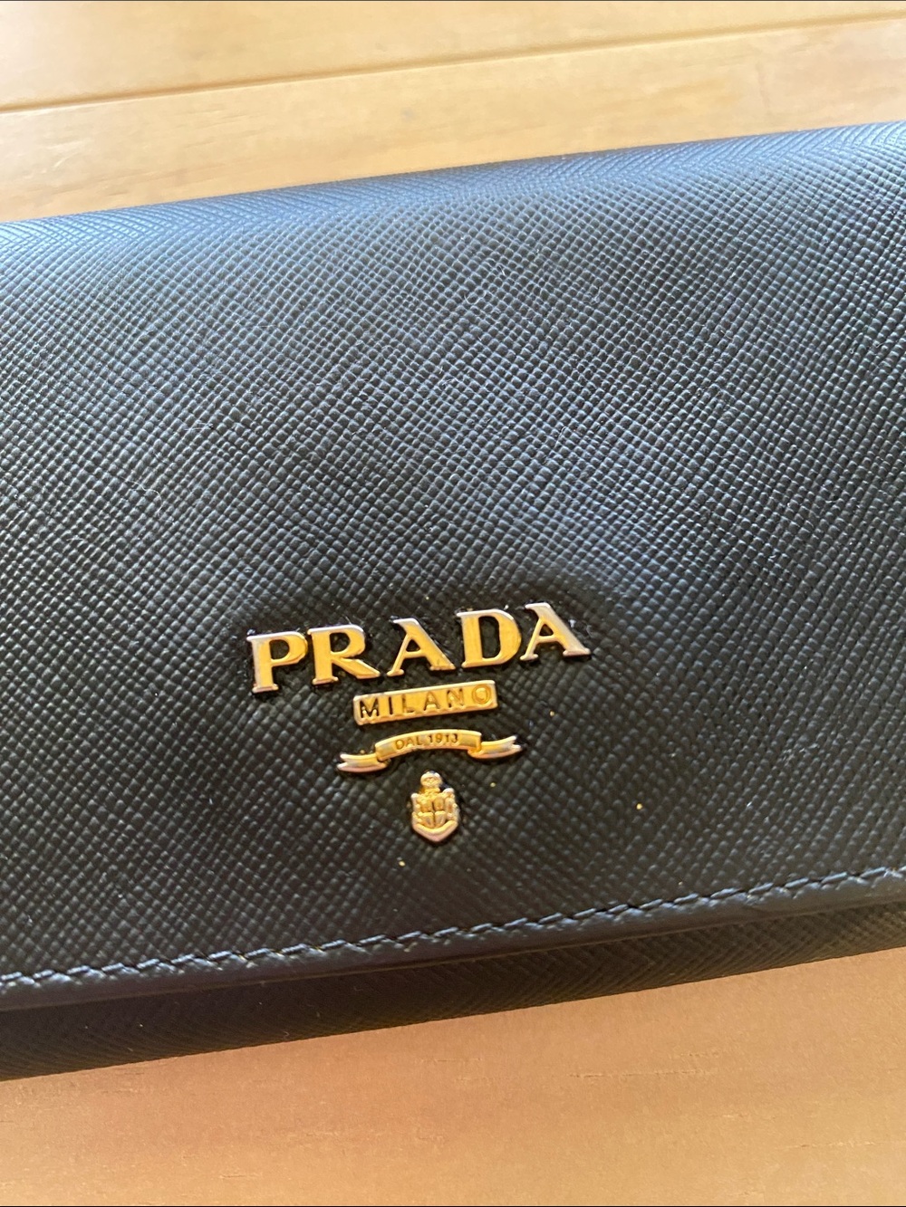 Prada Large Saffiano Leather Wallet Black Flap Wallet Gold Logo Luxury Sleek - Picture 5 of 13